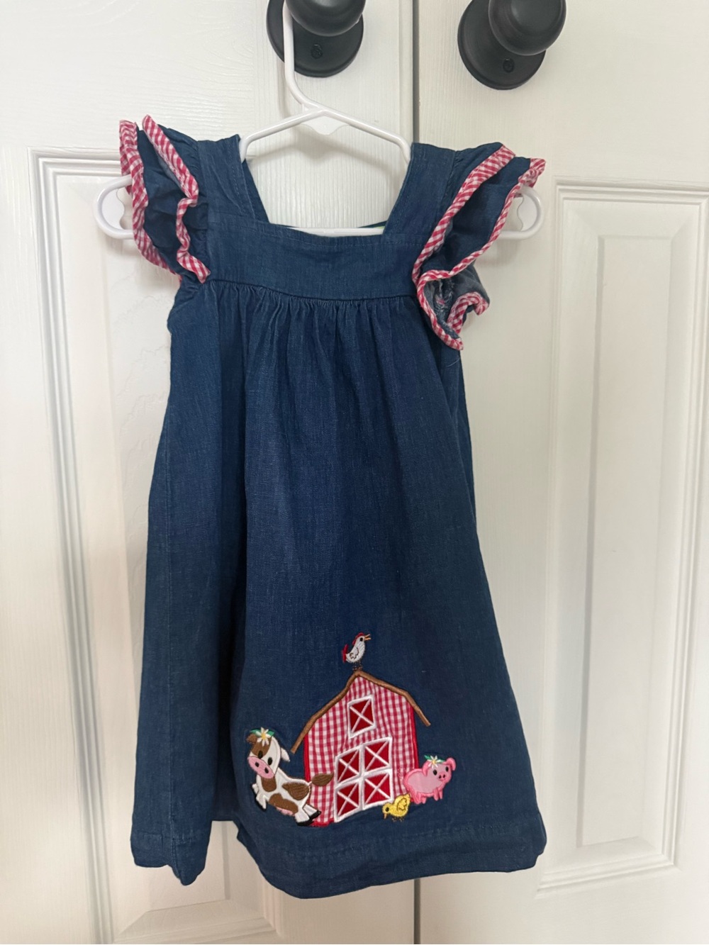 Girls Navy Denim Dress with Pink Gingham Trim and Farm Appliqué